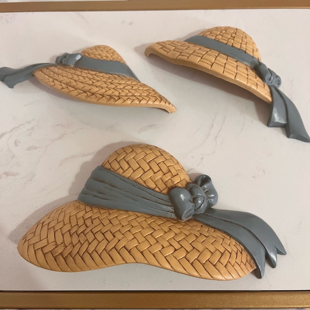 3 Straw Sun Hats Blue Ribbon USA 1987